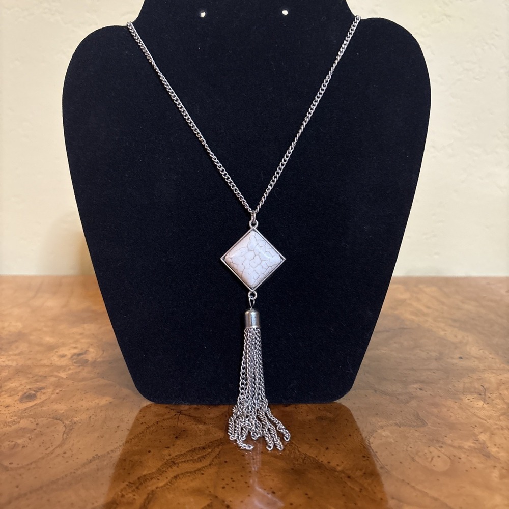 Designed by Toni Genuine White Howlite Tassel Pendant Necklace – 20mm Stone, 31"